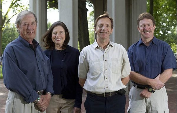 Four ECU experts on coastal dynamics have written a new book, “The Battle for North Carolina’s Coast.” They are, left to right, Stanley Riggs, Dorothea Ames, Stephen Culver, and David Mallinson, all of the Department of Geological Sciences. (Photo by Cliff Hollis)