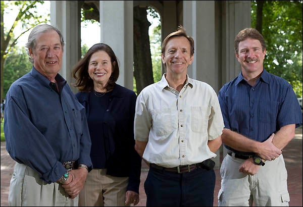 Four ECU experts on coastal dynamics have written a new book, “The Battle for North Carolina’s Coast.” They are, left to right, Stanley Riggs, Dorothea Ames, Stephen Culver, and David Mallinson, all of the Department of Geological Sciences. (Photo by Cliff Hollis)