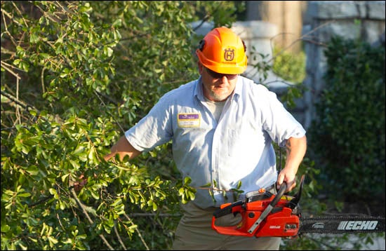 ECU Facilities Services employee Matt Vayo works to remove debris on campus following Hurricane Irene. (Photos by Cliff Hollis)