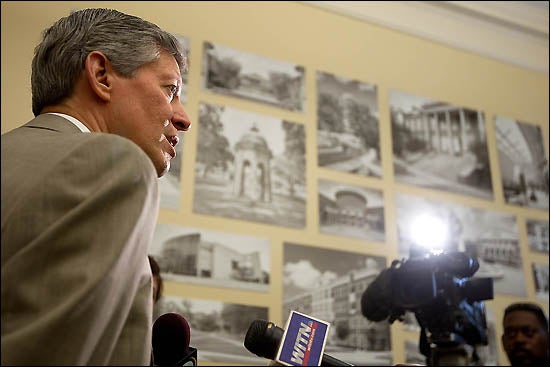 ECU Chancellor Steve Ballard addresses questions from local media about the impact on ECU of the recently announced UNC Board of Governors' budget cuts for UNC Institutions. (Photos by Cliff Hollis)