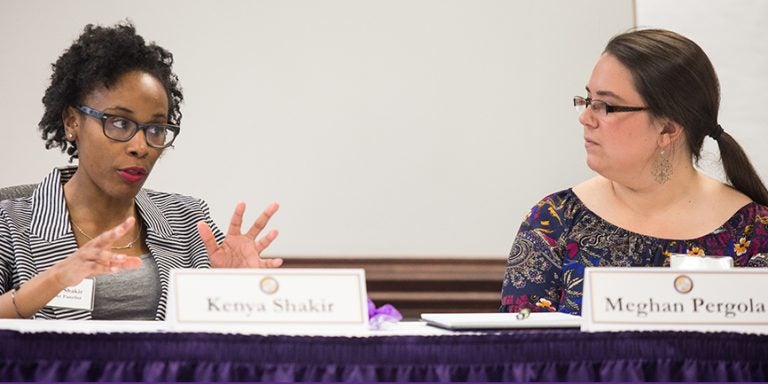 ECU students led a panel discussion on leadership hosted by The Women's Roundtable at ECU April 16. Pictured above, ECU Kenya Shakir, left, and Meghan Pergola share their views with the audience. (Photos by Cliff Hollis)