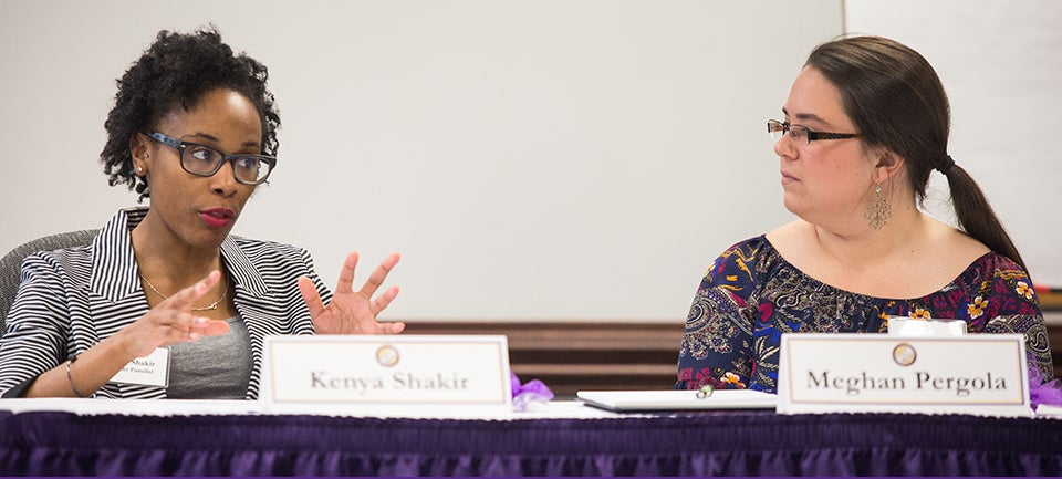 ECU students led a panel discussion on leadership hosted by The Women's Roundtable at ECU April 16. Pictured above, ECU Kenya Shakir, left, and Meghan Pergola share their views with the audience. (Photos by Cliff Hollis)