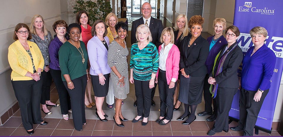 Current, ex-officio and emerita board members of The Women's Roundtable who attended the spring meeting included, left to right: Deborah Davis ’79, ’83, Jeanne Rucks ’85, Chair-Elect Sue Collier ’81, ’91, Valeria Lassiter ’90, Julie Batton ’96, Director of Women’s Philanthropy Stephanie Bunn, Chair Gail Herring ’79, Dr. Virginia Hardy ’93, Kay Chalk ’76, Vice Chancellor for University Advancement Chris Dyba, Mary Plybon ’71, SGA Secretary Katie Swanner, Toya Jacobs ’97, ’06, Dr. Carolyn Breedlove ’70, Martha Logemann, Amanda Tilley ’03. Not pictured were Kara Blount ’96, Sabrina Bengel, Sheilah Cotton ’75, ’77, Nicole Kloss ’00, Brenda Myrick ’92, Allison Peel ’99, Mary Schulken ’79 and Nancy Ballard (Ex-Officio). (Photos by Cliff Hollis)