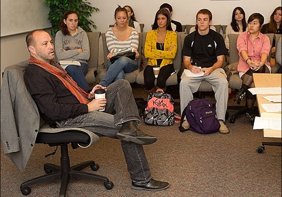 Award-winning novelist Colum McCann speaks to students during an early November visit to East Carolina University. (Photo by Cliff Hollis)