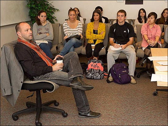 Award-winning novelist Colum McCann speaks to students during an early November visit to East Carolina University. (Photo by Cliff Hollis)