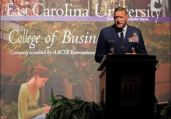 Four-star general Gary L. North spoke at ECU Nov. 10 as part of the College of Business Cunanan Leadership Speaker Series. North remained on campus to participate in Greenville's and the university's commemorations of Veterans Day. (Photo by Cliff Hollis)