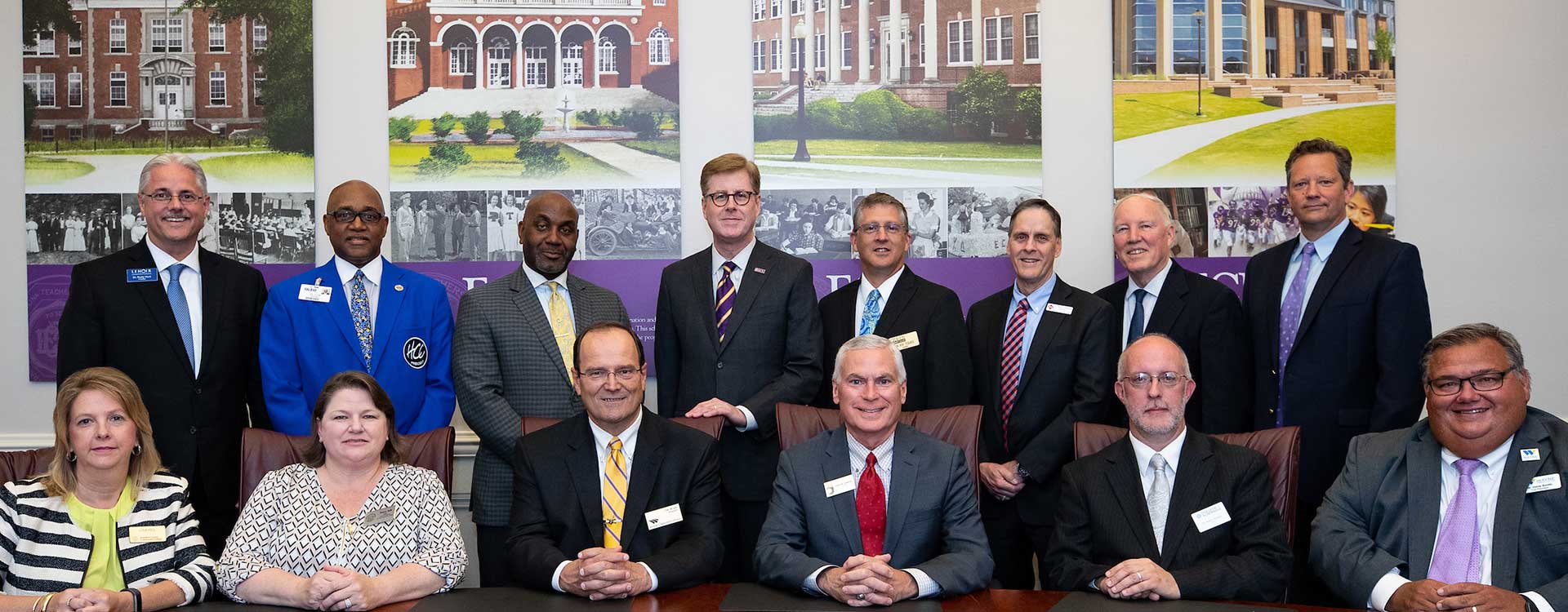 ECU Chancellor Cecil Staton, along with presidents and representatives from 14 eastern North Carolina community colleges, signed a co-admission agreement during a ceremony on June 5. (Photos by Cliff Hollis)