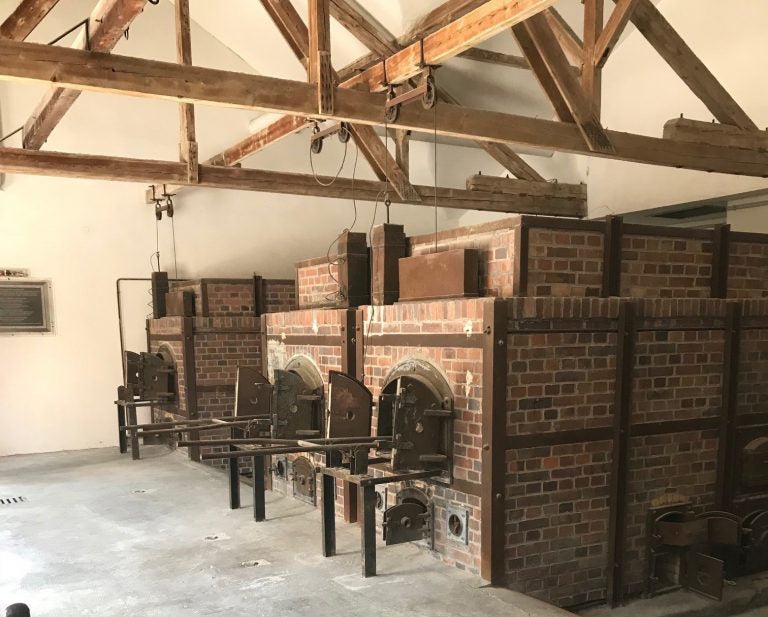 One of the rooms in the crematorium, where bodies were brought to be stored and cremated in these furnaces. Prisoners sometimes were brought in groups to be killed with poison gas in adjacent rooms in the building.