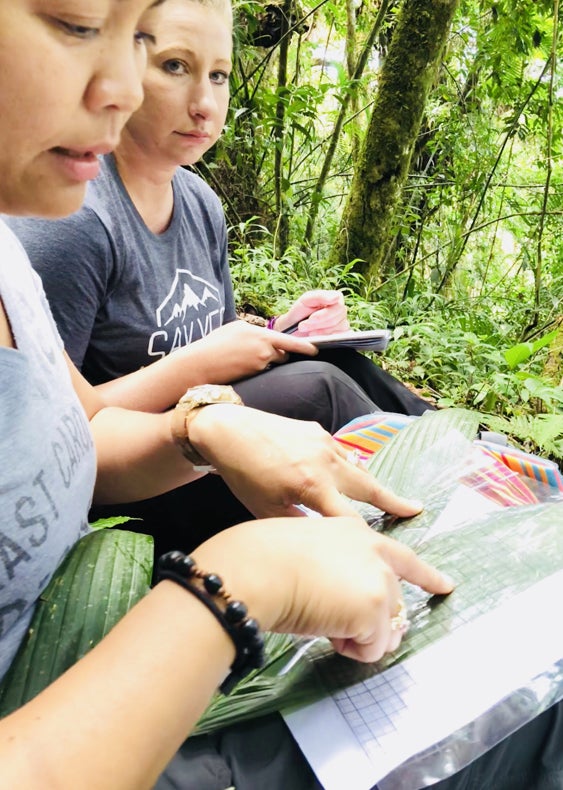 The graduate students conduct research in the field.