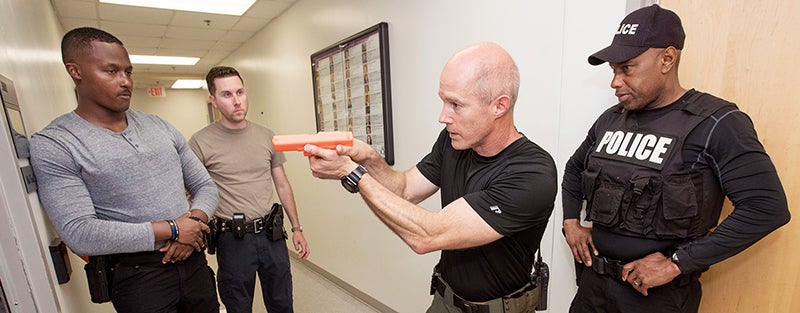 Members of the ECU Police Department participate in an active shooter drill.