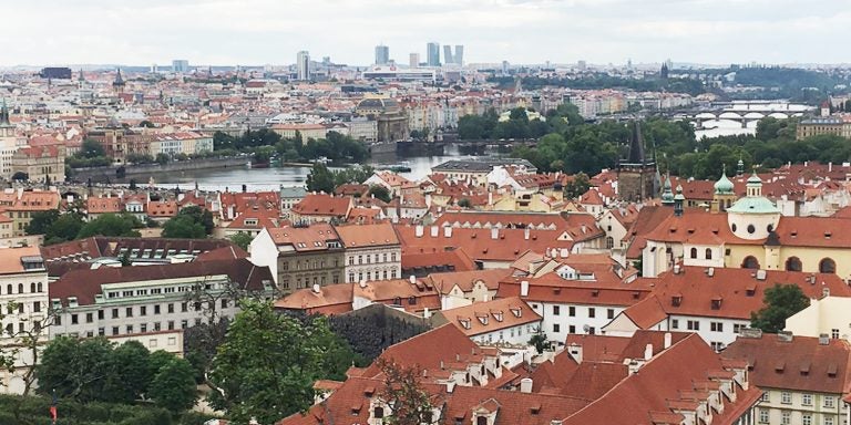The Prague skyline as seen by the Hradčany Square outside of the Prague Castle.