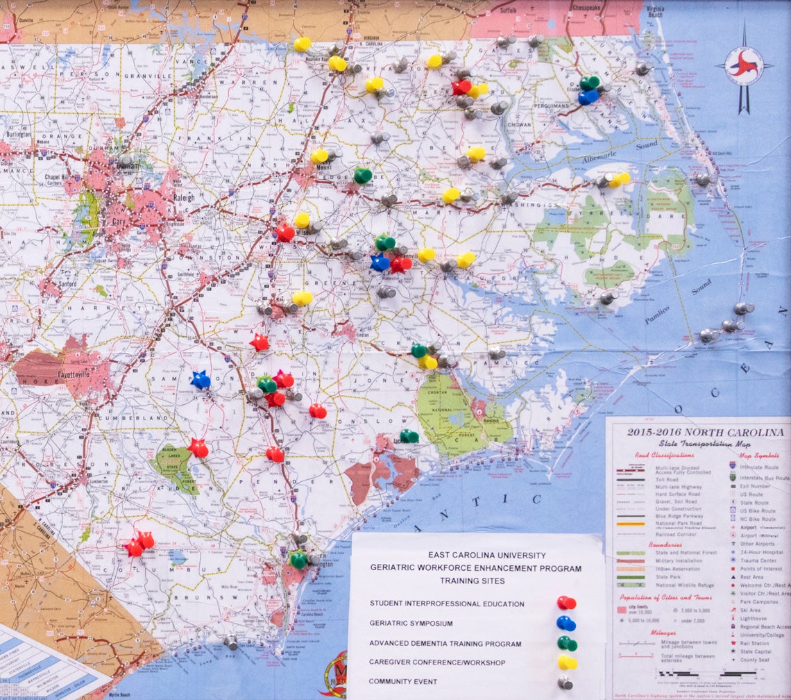 A map shows locations where the ECU Geriatric Workforce Enhancement Project (GWEP) has performed screenings, training seminars and held community outreach events in eastern North Carolina since the project began in 2015. (Photo by Conley Evans) 