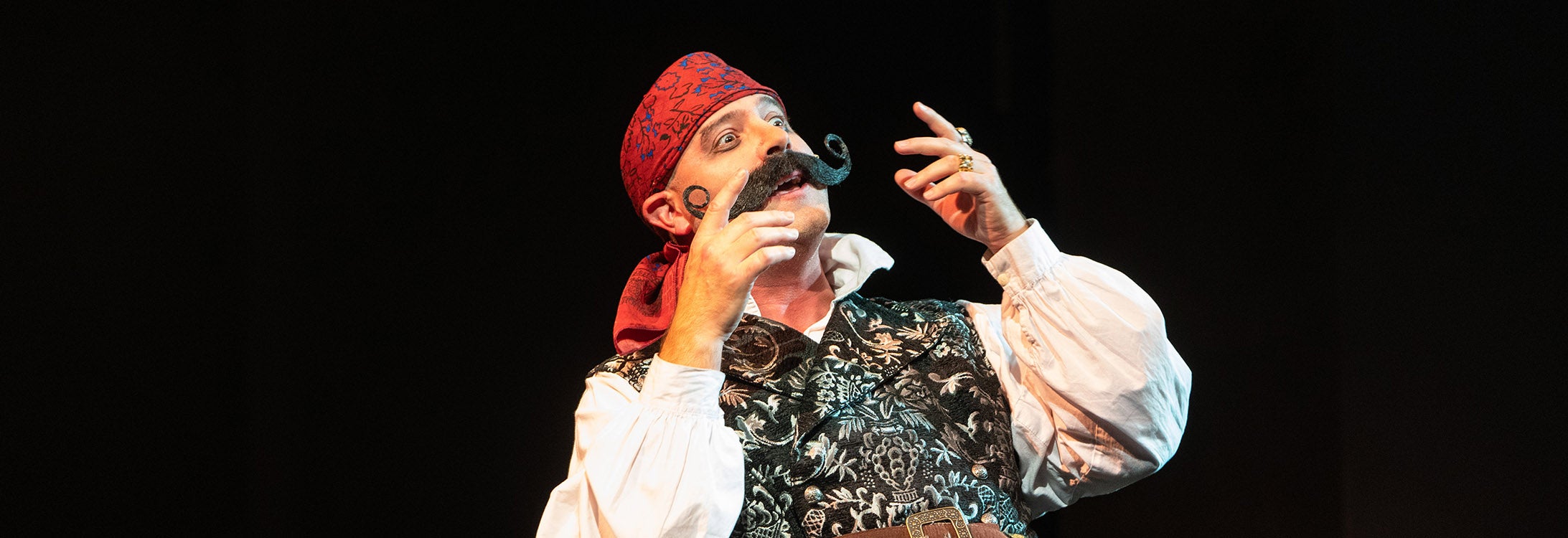 ECU professor Gregory Funaro portrays the villainous Black Stache in “Peter and the Starcatcher.” (Photos by Cliff Hollis)