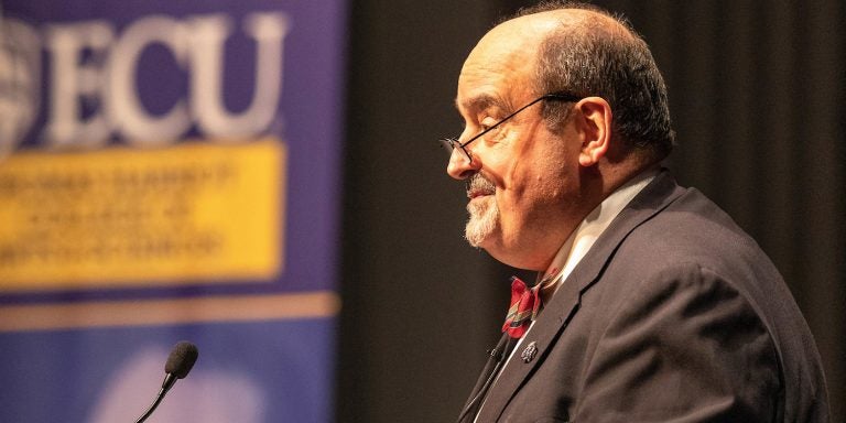 Angus Konstam, author, historian and pirate expert, spoke to an audience in ECU’s Wright Auditorium on Oct. 25 for the kick-off event in the 2018-19 Voyages of Discovery Series. (Photos by Cliff Hollis)