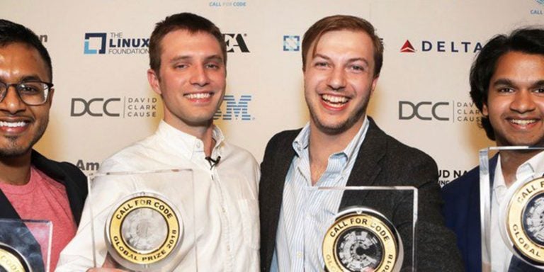 Computer science ’18 alumnus Magus Pereira, far right, was part of a team that won IBM’s first Call for Code Challenge, a competition whose inaugural theme focused on natural disaster preparedness and relief. The winning team also included, pictured left to right, Taraqur Rahman, Bryan Knouse and Nick Feuer. (Photo by Call for Code)