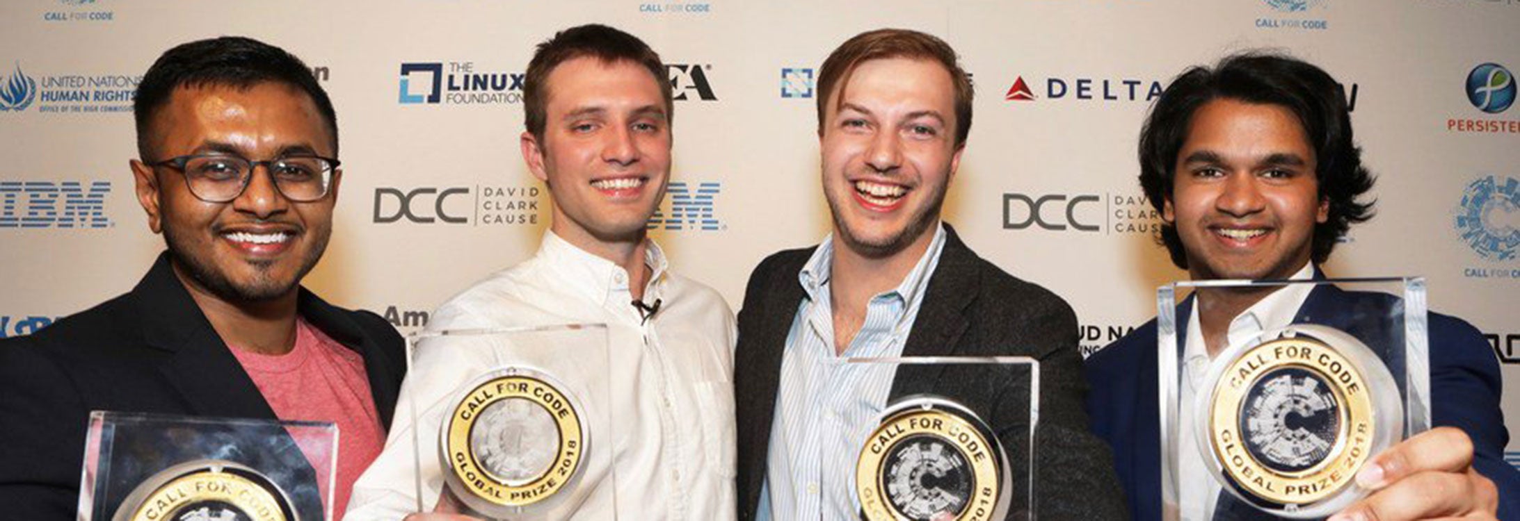 Computer science ’18 alumnus Magus Pereira, far right, was part of a team that won IBM’s first Call for Code Challenge, a competition whose inaugural theme focused on natural disaster preparedness and relief. The winning team also included, pictured left to right, Taraqur Rahman, Bryan Knouse and Nick Feuer. (Photo by Call for Code)