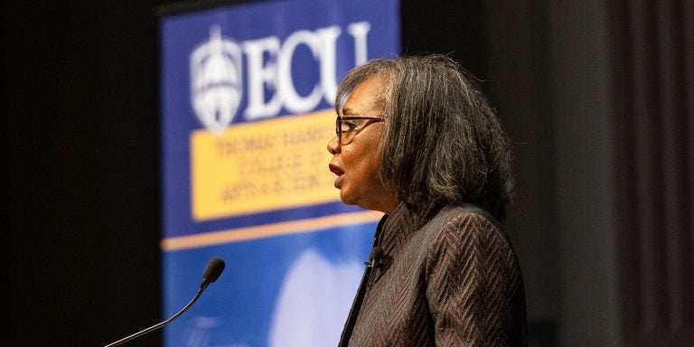 Anita Hill, law professor and women’s and civil rights advocate, spoke to a nearly full house in ECU’s Wright Auditorium on Nov. 15. (Photo by Cliff Hollis)