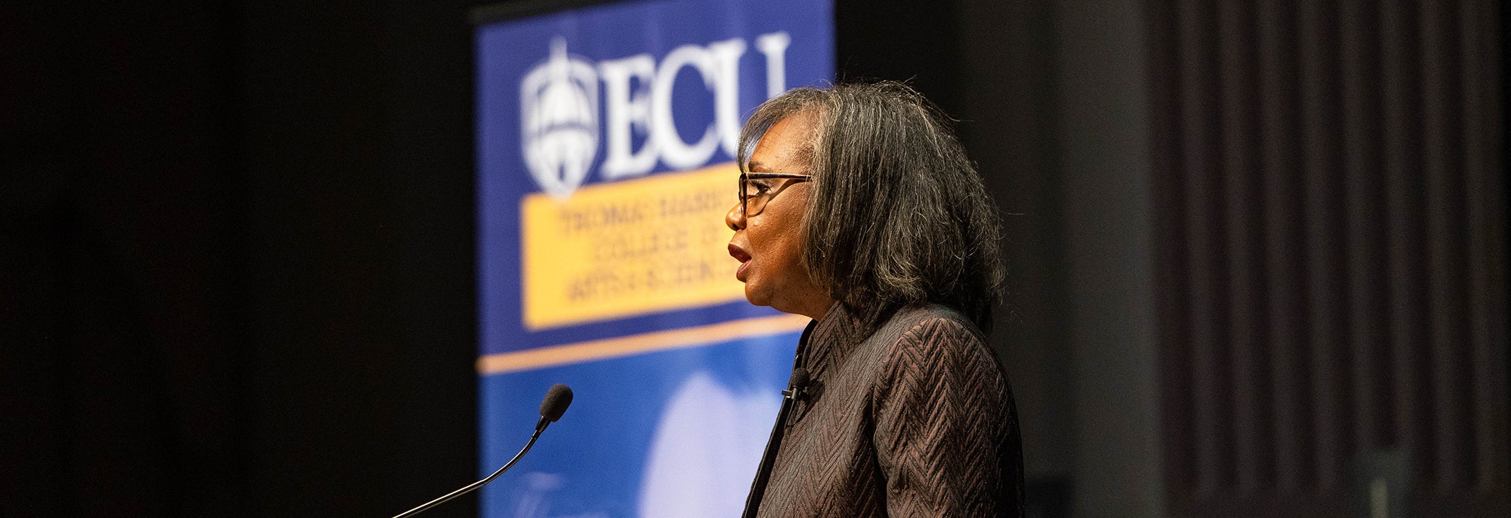 Anita Hill, law professor and women’s and civil rights advocate, spoke to a nearly full house in ECU’s Wright Auditorium on Nov. 15. (Photo by Cliff Hollis)