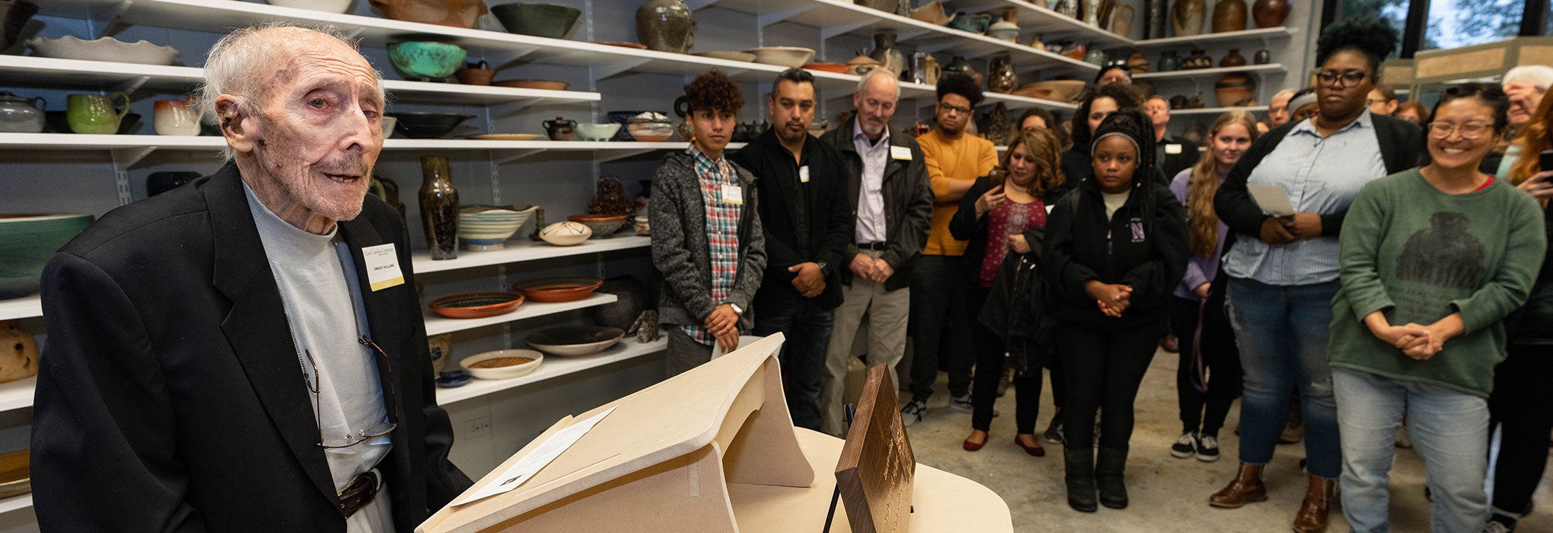 On Nov. 14, the School of Art and Design celebrated the opening of the newly-named Dwight M. Holland Ceramics Classroom where Holland’s pieces will be housed. (Photos by Cliff Hollis)