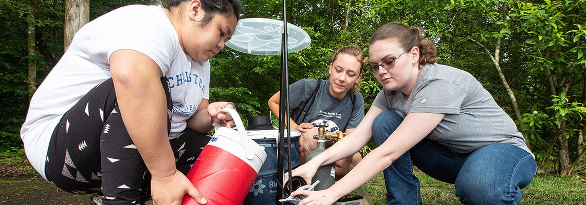 ECU grad students Alexis Parale, left, Megan Rhyne and Heidi Knecht set a mosquito trap in the backyard of a home in a subdivision in Winterville. (Photo by Rhett Butler)