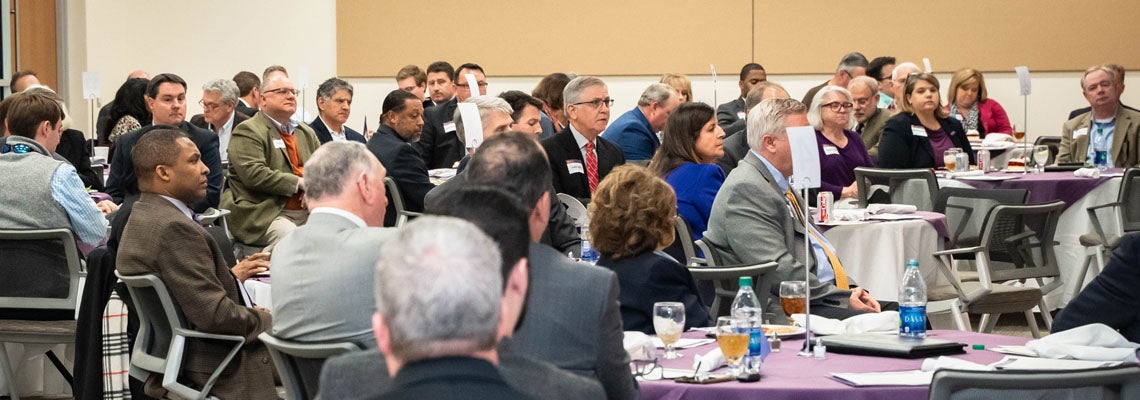 More than 100 eastern North Carolina industry and community leaders were on hand for ECU’s Economic Growth Collaboratory launch announcement. The industry roundtable luncheons serve as an opportunity for industry leaders to share their needs with ECU leadership.