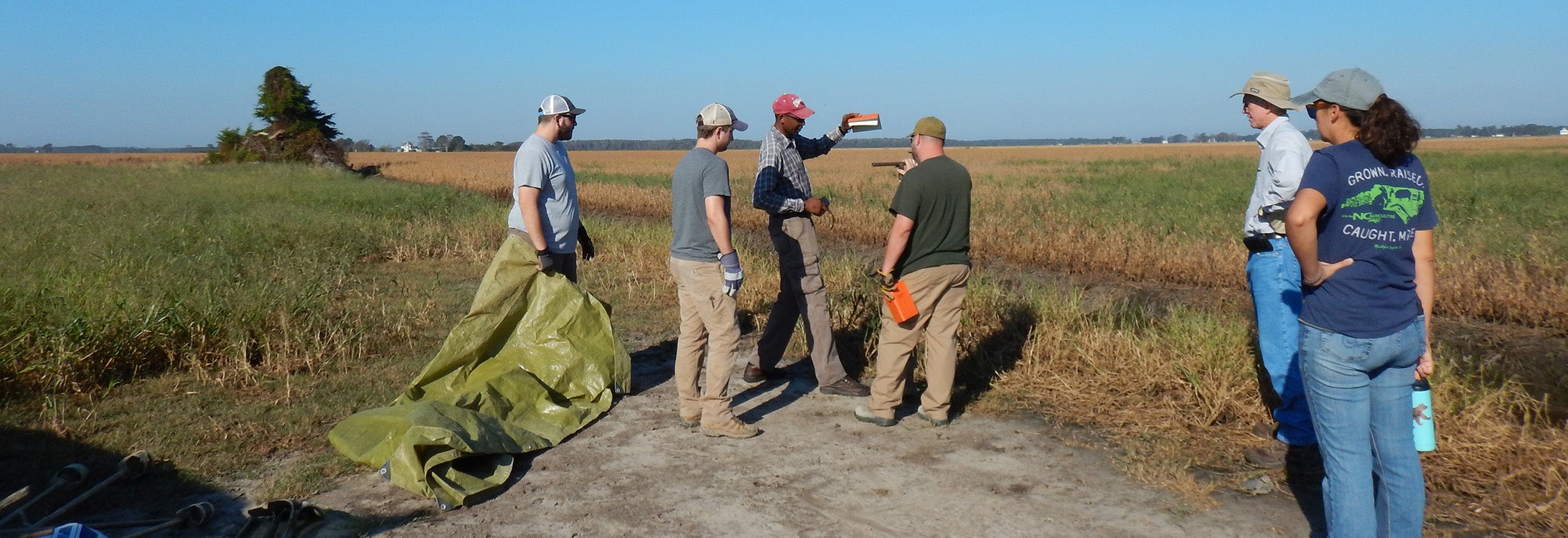 Dr. Alex K. Manda directs a research group at a Hyde County field site for his RAPID grant. Manda’s team is researching how Hurricane Florence and previous storms may be impacting eastern North Carolina farmers and their crops.