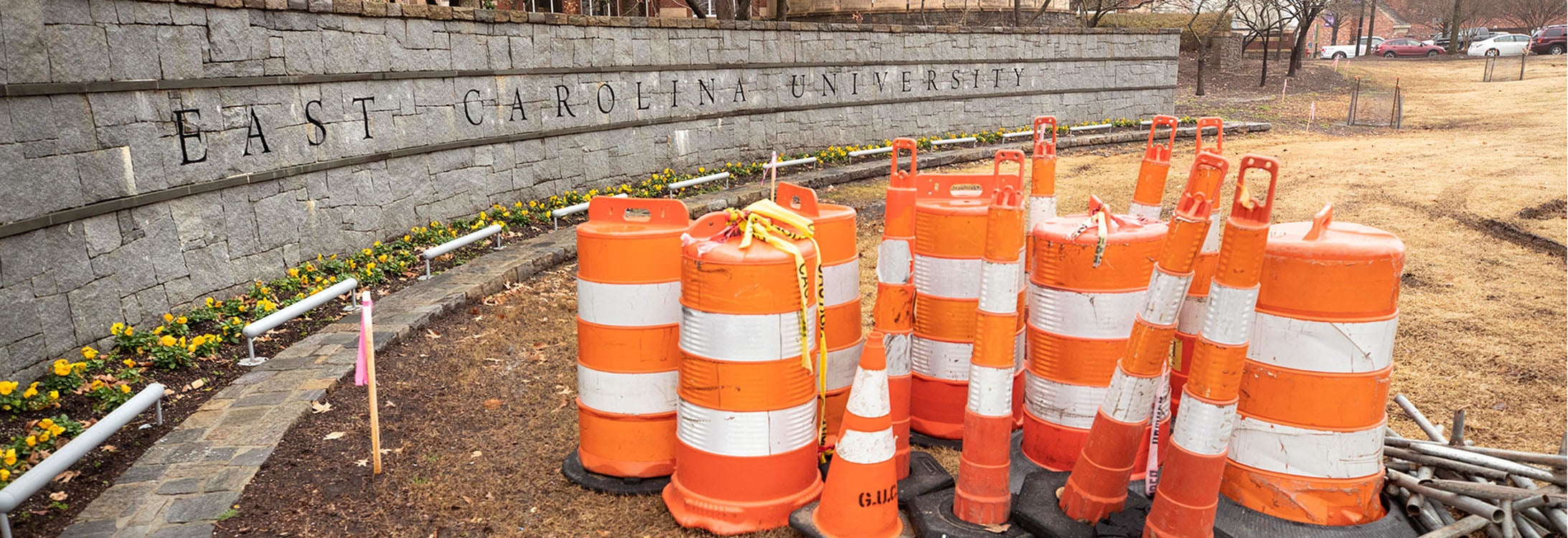 The stone East Carolina University sign at the corner of 5th Street and Reade Circle will not be accessible during construction of the City of Greenville’s Town Creek Culvert Project. The sign is a popular location for photos on campus.