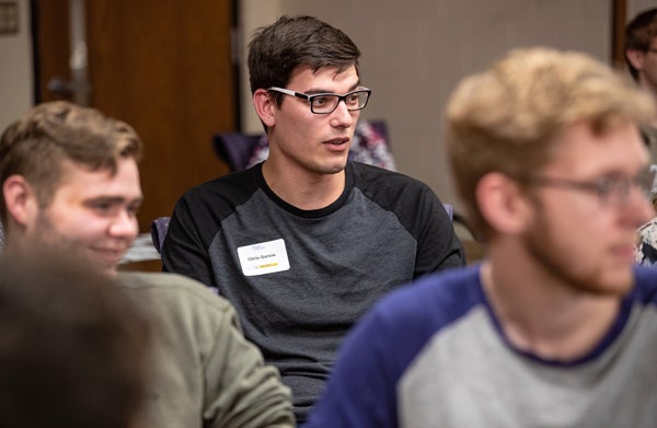 Chris Garcia participates in a question and answer session with Dr. Lisa Randall at the Bate Building on Thursday afternoon. (Photo by Rhett Butler)