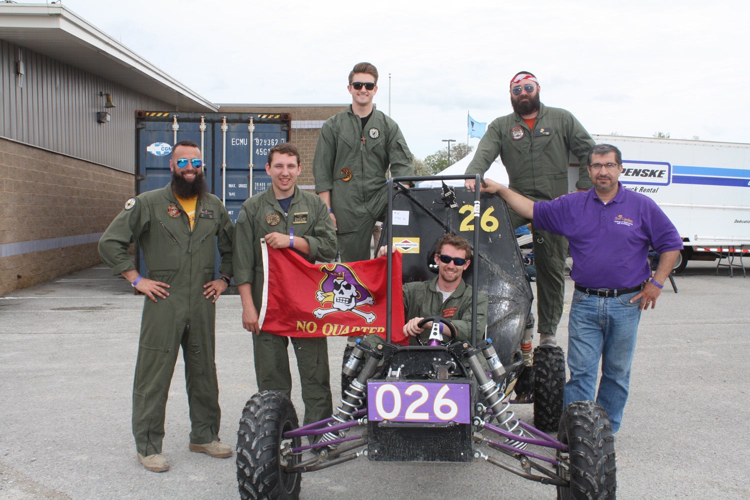 The ECU Baja team traveled to Cookeville, Tennessee, to participate in a national competition featuring 100 collegiate teams. Pictured from left are Christian Dowell, Andrew Grena, Landon Sugar, Evan Diener, Christopher Helberg and Dr. Tarek Abdel-Salam.