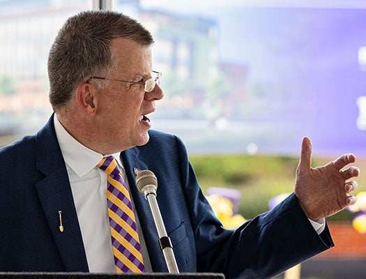 Interim Chancellor Dan Gerlach outlines the potential impact of the Life Sciences and Biotechnology Building during the groundbreaking ceremony.