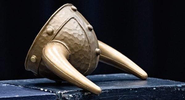 Viking headgear rests on table during “Yo, Vikings!” rehearsals in ECU’s Studio Theatre. 