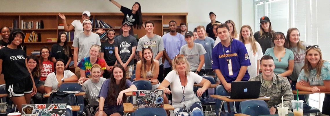 Dr. Ewa Rusek from Krosno State in Poland, who taught at ECU before fall break as part of a new faculty exchange, is pictured with her students in intercultural communication in Joyner East. (Contributed photo)