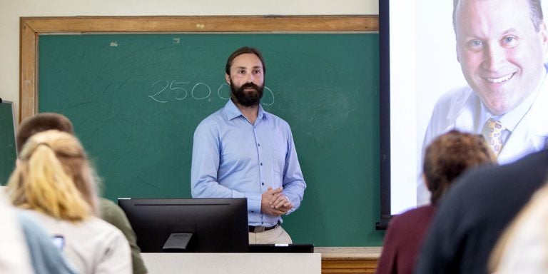 Dr. Adam Nowakowski from Krosno State College in Poland teaches intercultural communication in ECU’s Joyner East. (Photo by Rhett Butler)