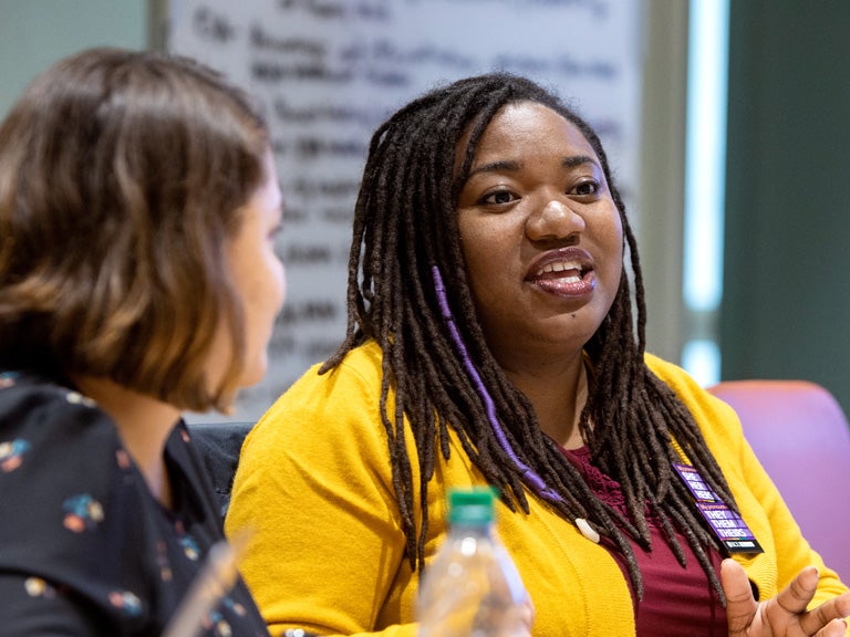 Drs. Yury Parra and Kari-Claudia Allen participates in a discussion during a Society of Teachers of Family Medicine Foundation-funded workshop for underrepresented minority faculty in medicine.