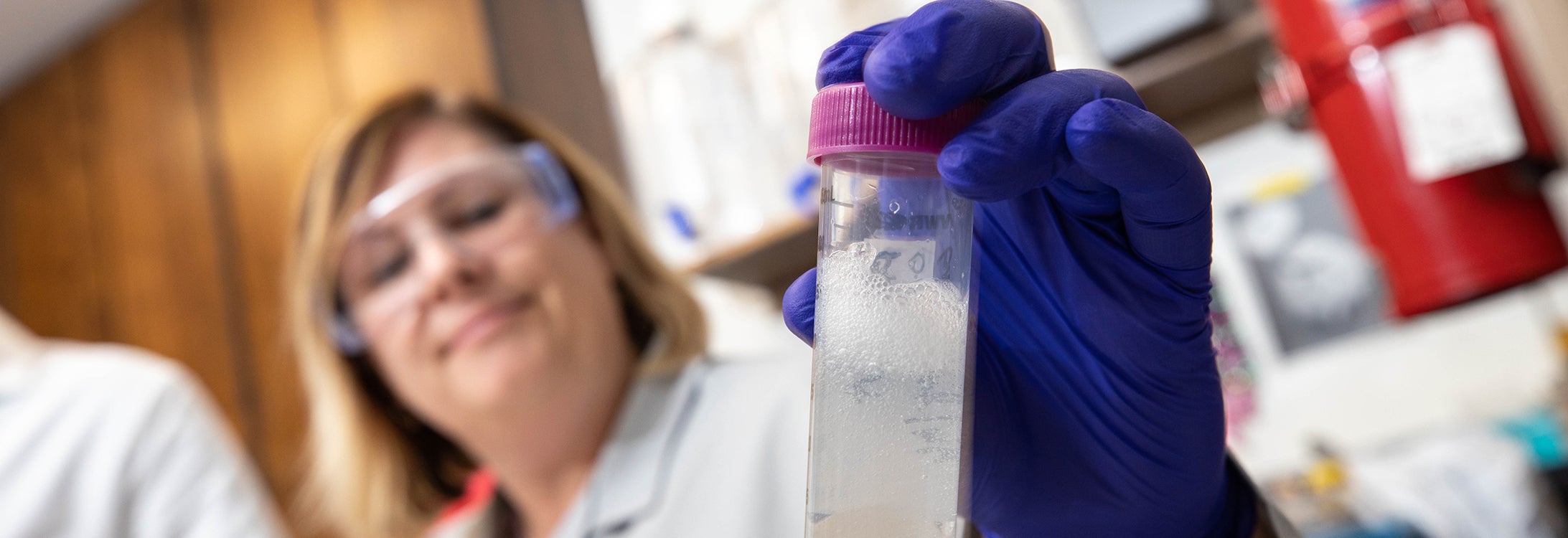 ECU associate professor Jamie DeWitt examines a sample of water in her lab at the Brody School of Medicine. Many faculty researchers, including DeWitt, have seen their labs shut down because of sheltering guidelines due to COVID-19. (Photo by Cliff Hollis)