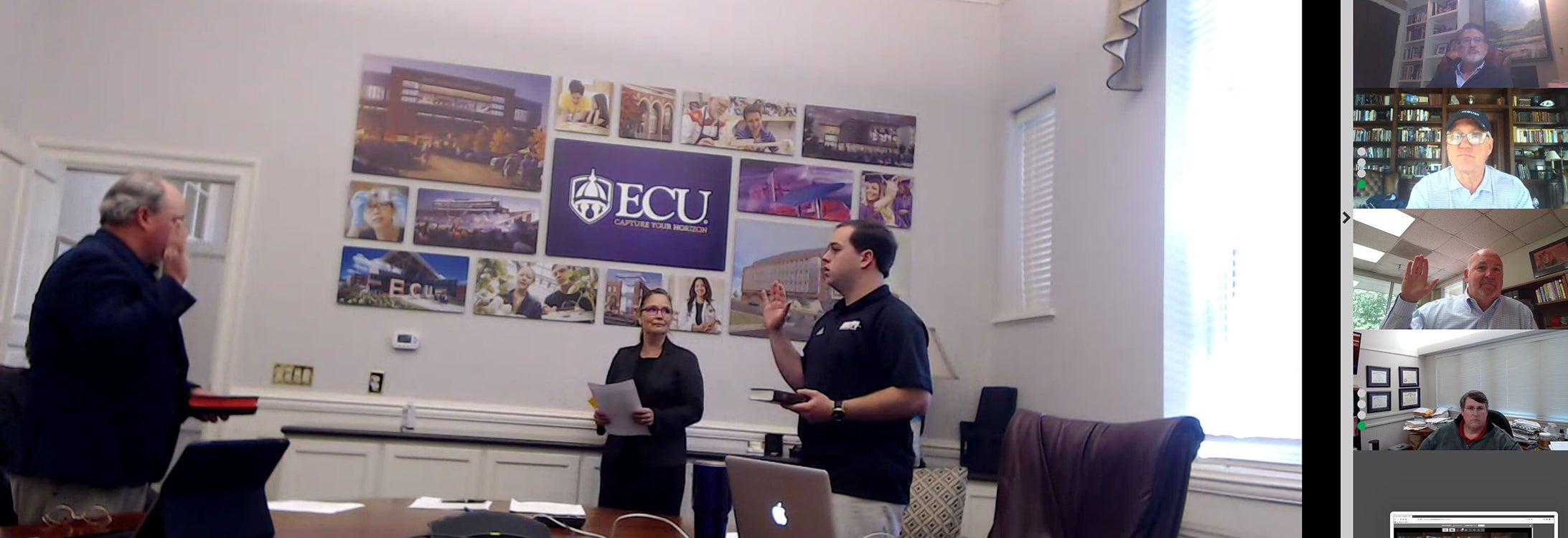 Scott Shook (left), Tucker Robbins (right) and Van Isley (inset) were sworn iin as members of the ECU Board of Trustees by Kimberly Nicholson, university program specialist for the Office of University Counsel, during a virtual meeting Tuesday.