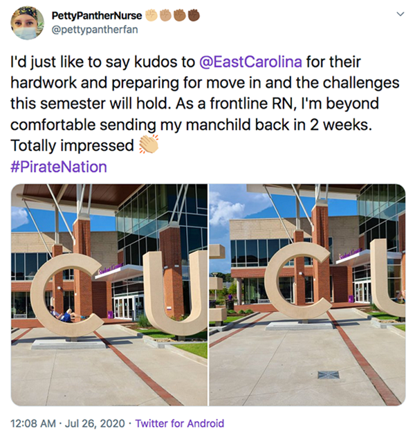 ECU parent Dana Buie tweets about her son R.J. moving in at ECU.