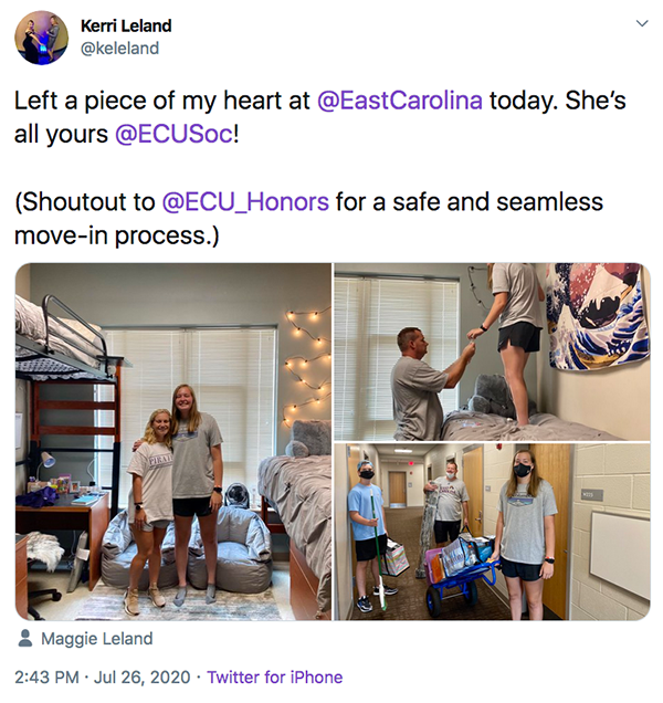 ECU parent Kerri Leland tweets about her daughter, Maggie, moving in at ECU.