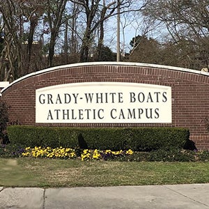 An entrance to the Athletics Campus acknowledges the largest gift ever received by ECU Athletics with a new sign: Grady-White Boats Athletic Campus