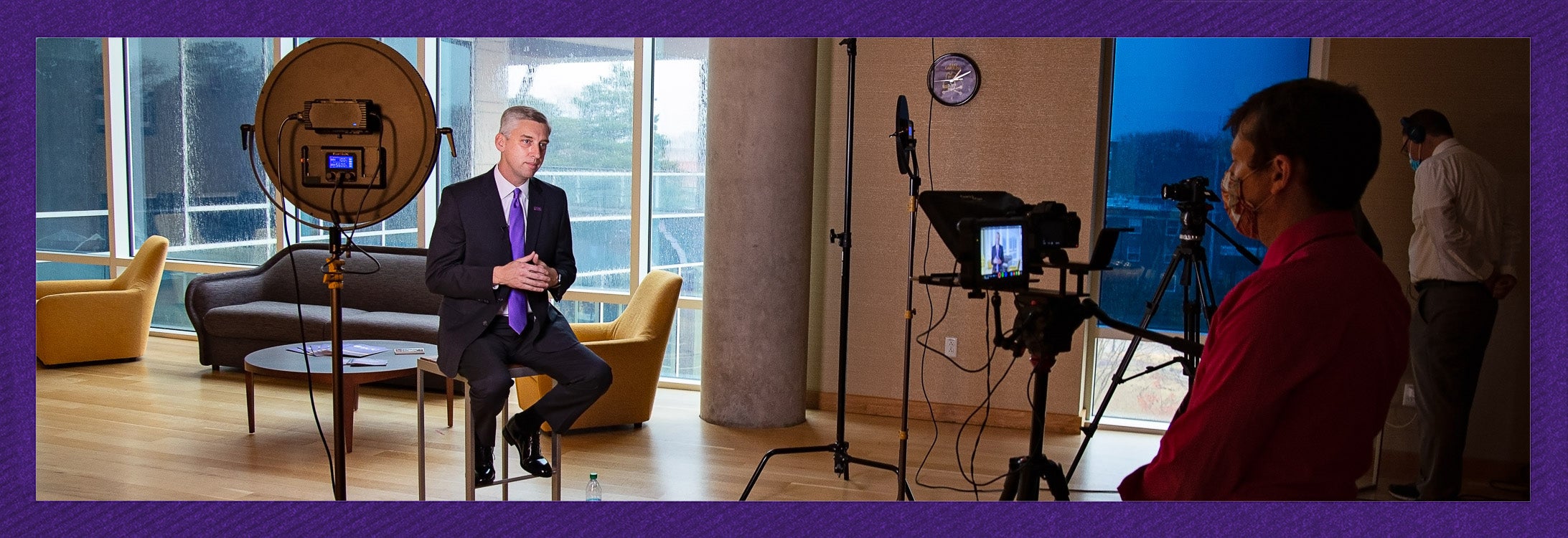 East Carolina University Chancellor-Elect Dr. Philip Rogers films his introductory video to Pirate Nation in the Trustees Suite at the Main Campus Student Center on campus. (Photo by Cliff Hollis | Video by ECU Creative Services and Reed Wolfley)