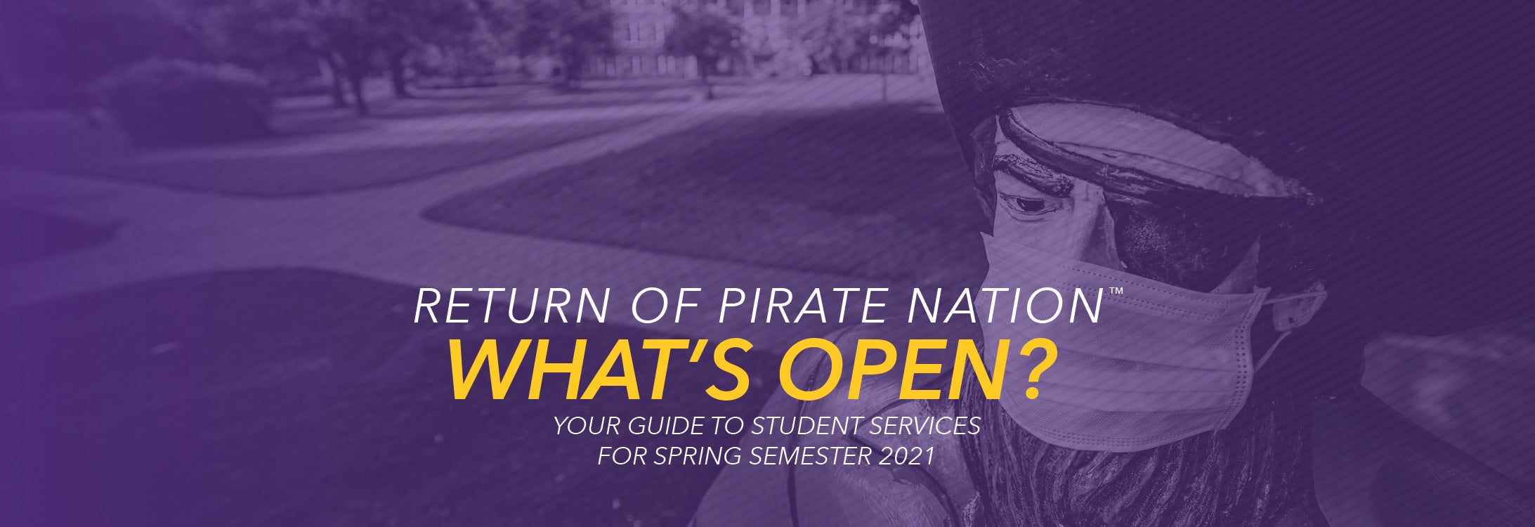 Return of Pirate Nation: What's Open? Your Guide to Student Services for Spring Semester 2021.