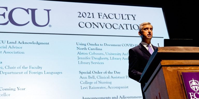 Chancellor Philip Rogers addresses the faculty during convocation for the 2021-22 academic year.