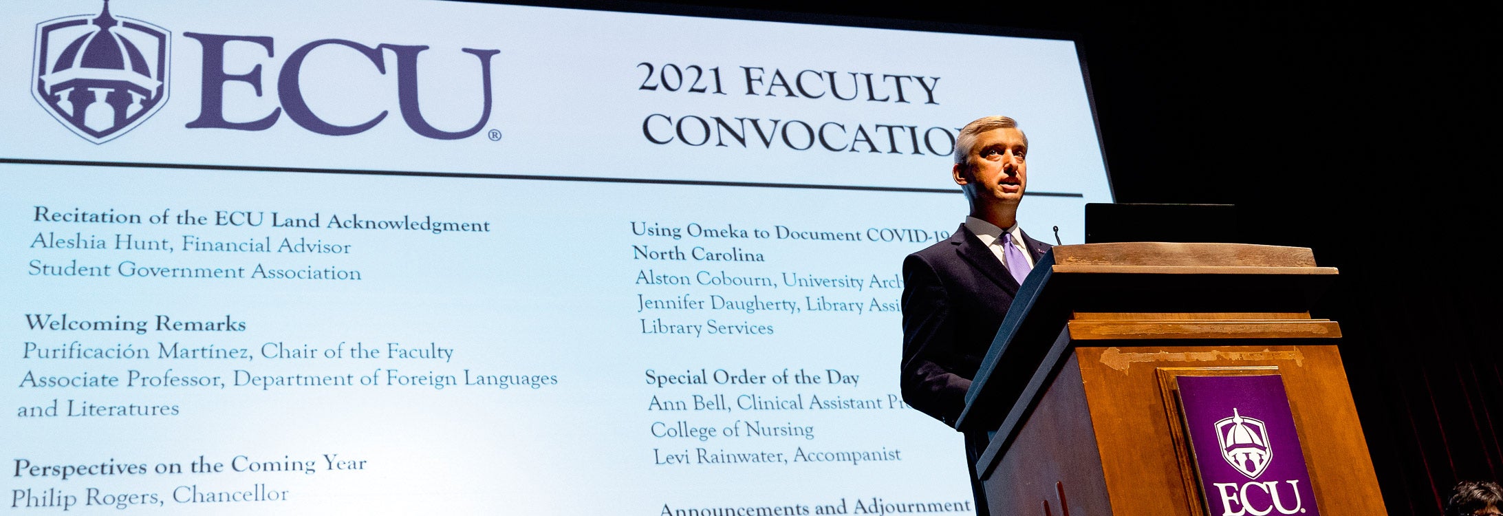 Chancellor Philip Rogers addresses the faculty during convocation for the 2021-22 academic year.