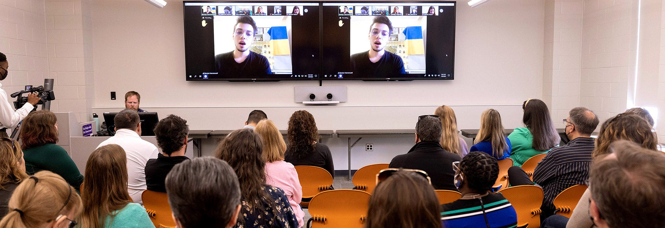 ECU students, faculty and staff listen to a Ukrainian college student discuss the conflict taking place in their country. (Photos by Rhett Butler)