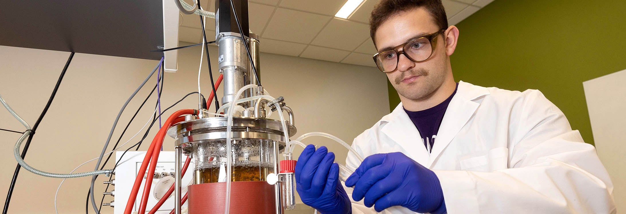 Luciano DeRose, a junior bioprocess engineering major from Titusville, Pennsylvania, works in a lab in the new Life Sciences and Biotechnology Building.