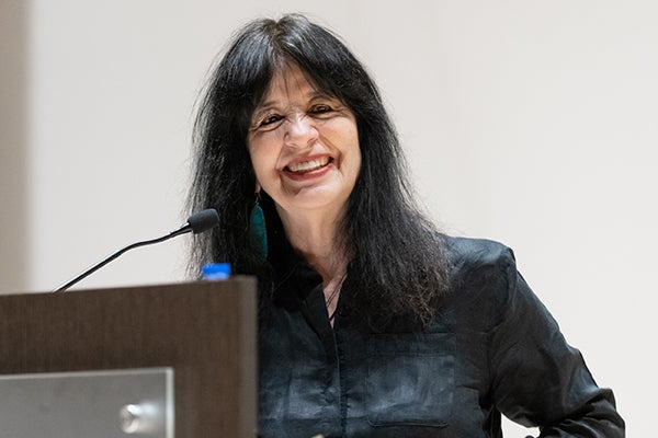 Harjo greets her audience before a poetry reading as part of ECU's Big Read – Greenville series. 