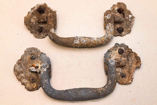 Hardware found in the Rhem Family tomb, including coffin handles.