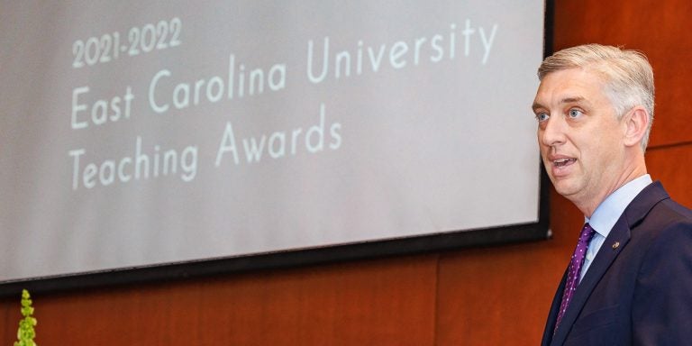 ECU Chancellor Philip Rogers speaks during the University Teaching Awards ceremony in Harvey Hall.