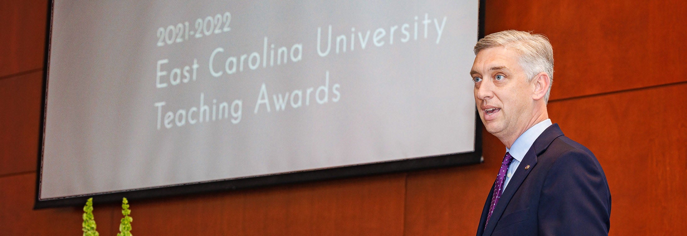 ECU Chancellor Philip Rogers speaks during the University Teaching Awards ceremony in Harvey Hall.