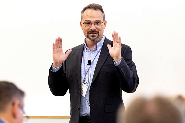 Dr. Jack Pender, director of pharmaceutical training and laboratory services in the Department of Chemistry, welcomes attendees to the ECU Spring Pharma Conference.